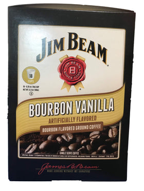 Jim Beam Bourbon Vanilla 18-count pack displayed beside a mug for quick mornings.