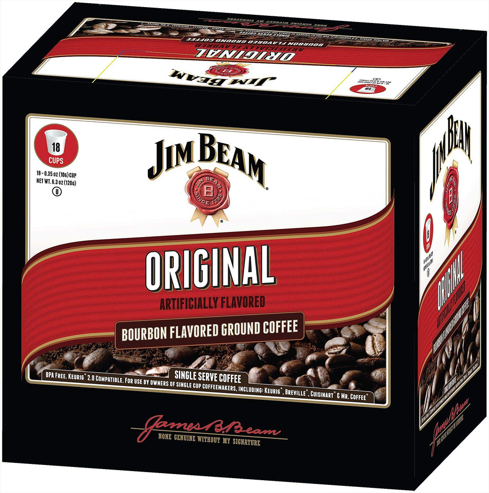 Jim Beam Original Bourbon flavored coffee cup with rich aroma for morning boost.