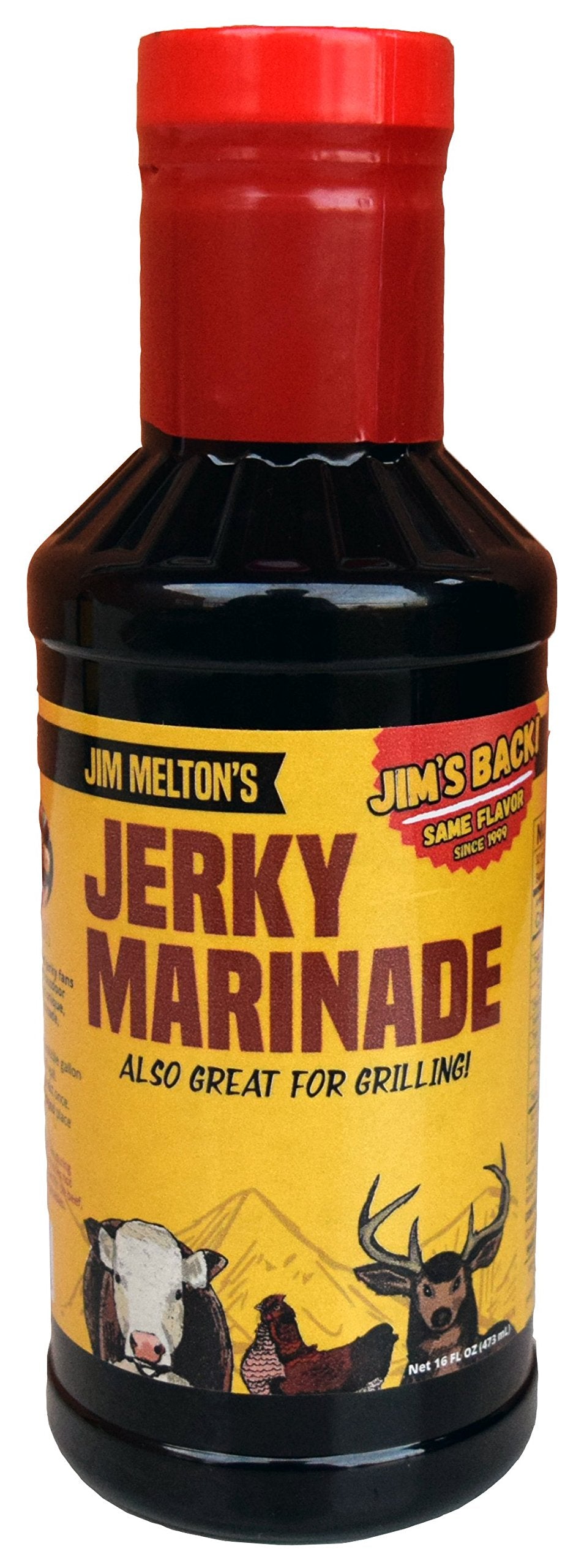 Jim Melton's Jerky Marinade bottle showing a smoky flavor profile for homemade jerky