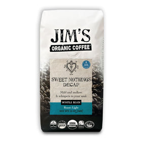 Jim's Organic Coffee Sweet Nothings Decaf pack shot shows organic certification and inviting aroma.