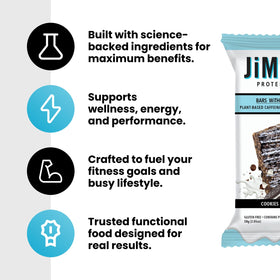 JiMMY'S! nutrition facts closeup emphasizes 18g protein per bar.