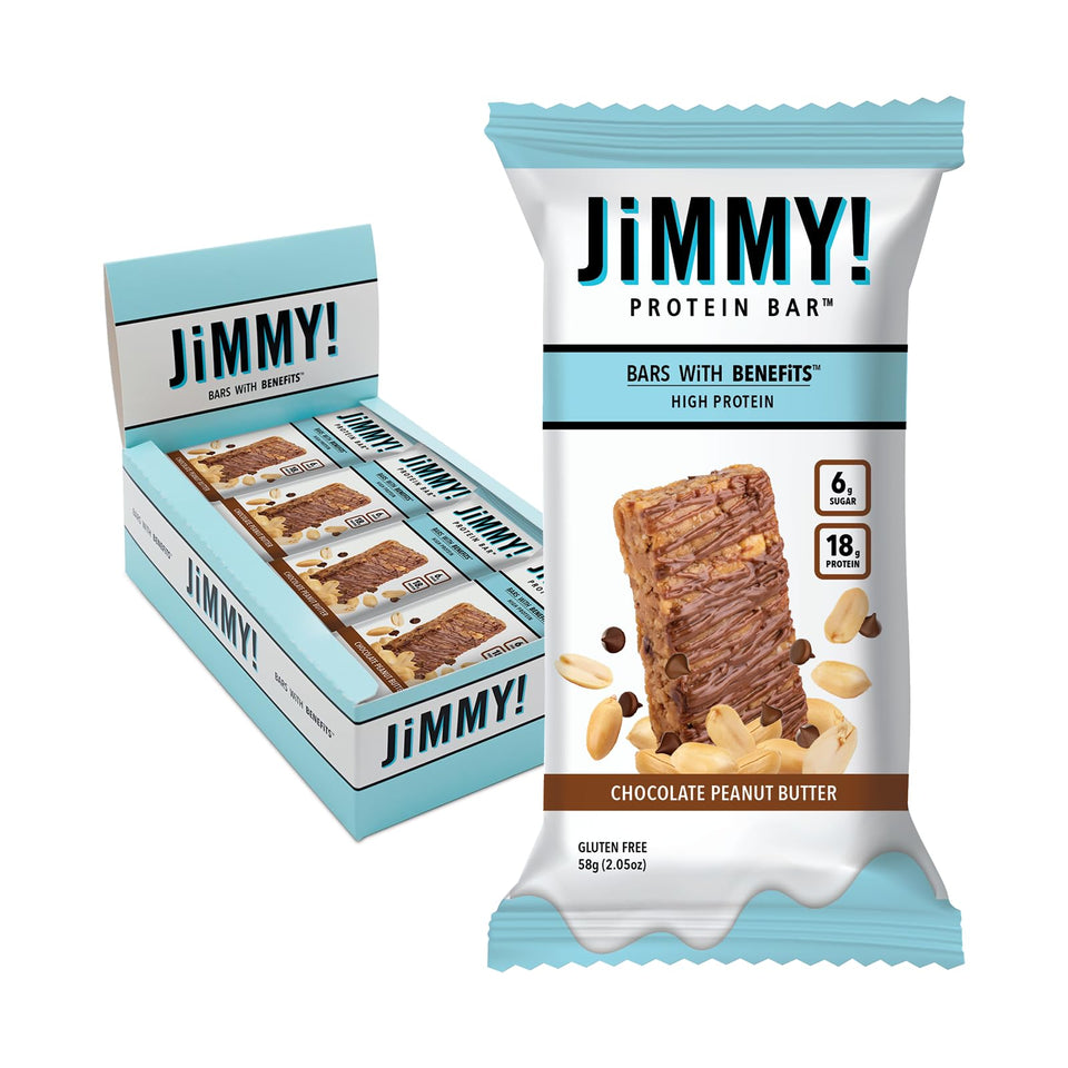 JiMMY'S! chocolate peanut butter packshot shows a protein-packed on-the-go snack.