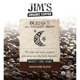 Jim's Organic Coffee Blend X close-up shows glossy beans and quality
