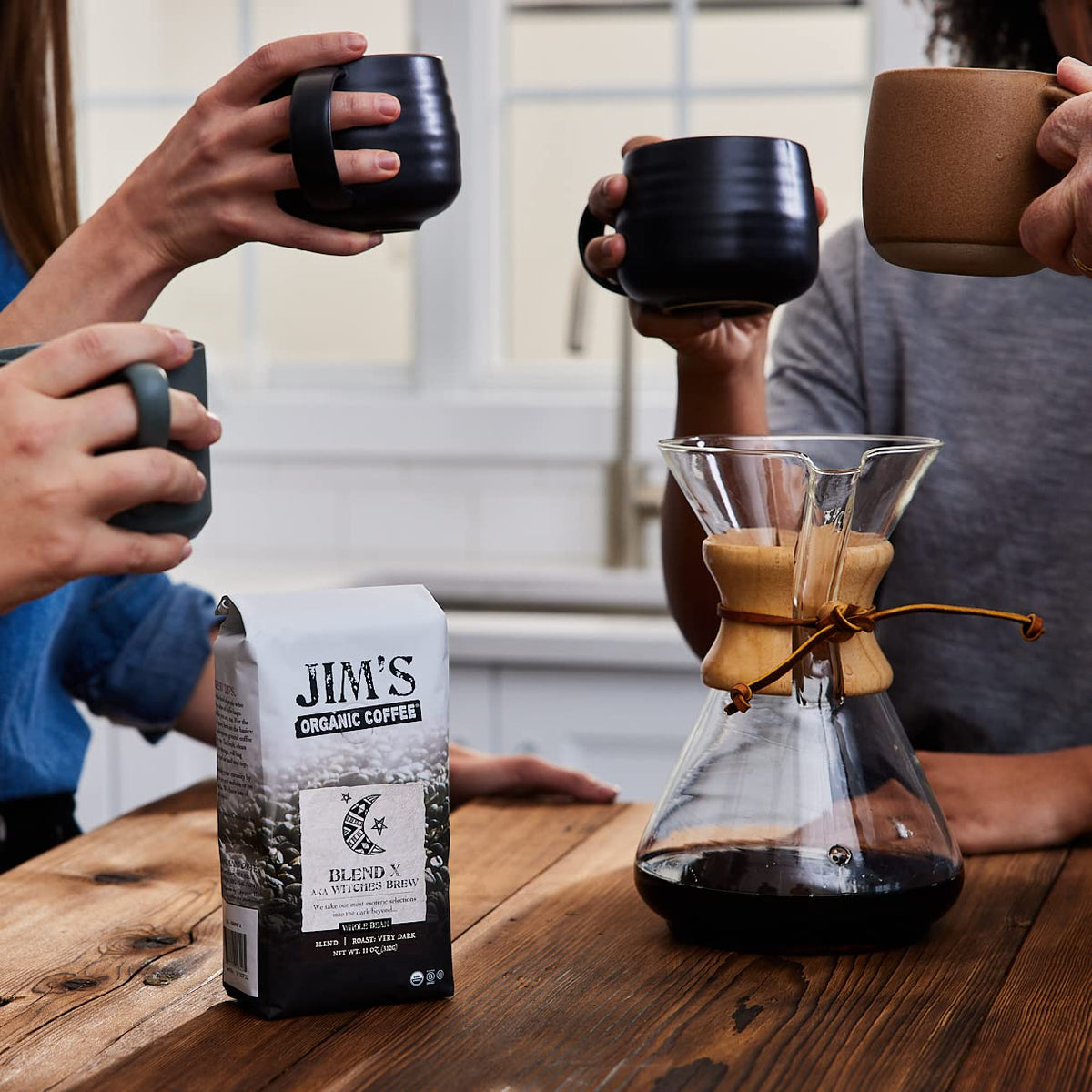Jim's Organic Coffee Blend X pour-over steam highlights intense notes
