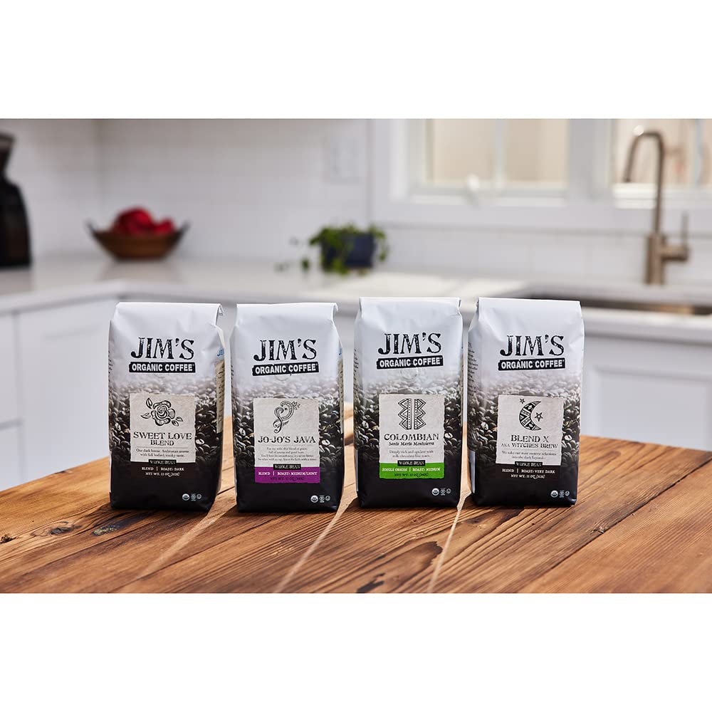 Jim's Organic Coffee Blend X valve packaging preserves freshness