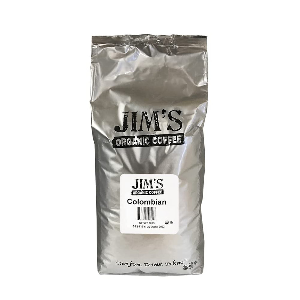 Jim's Organic Coffee Colombian bag front view signals freshness and origin.