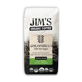 Jim's Organic Coffee Colombian single-origin medium roast whole bean bag for peak freshness