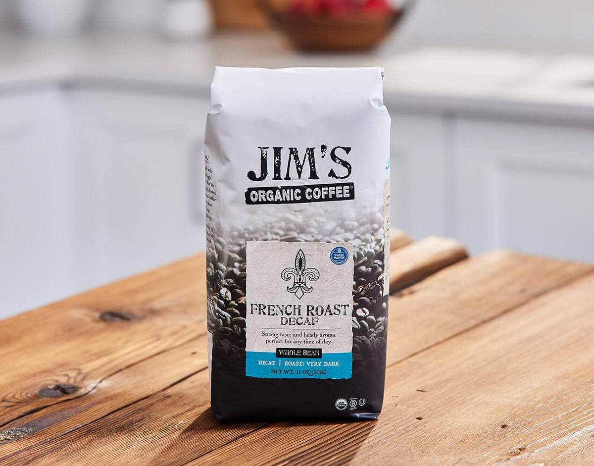 Jim's Organic Coffee dark roast beans in one-way valve bag deliver freshness