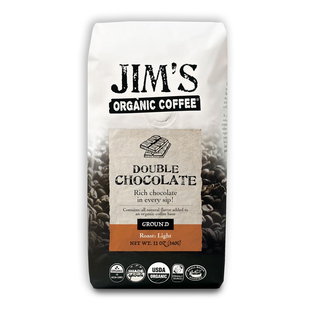 Jim’s Organic Coffee Double Chocolate bag shows premium all-organic beans for a rich flavor