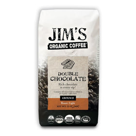Jim’s Organic Coffee Double Chocolate bag shows premium all-organic beans for a rich flavor