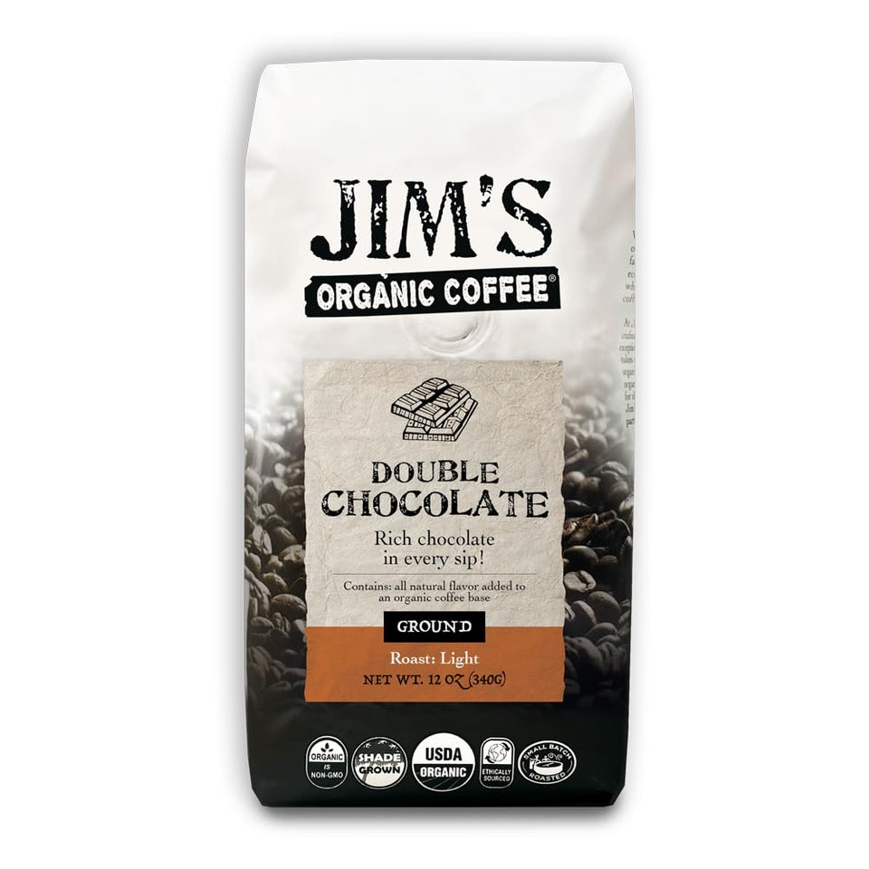 Jim’s Organic Coffee Double Chocolate bag shows premium all-organic beans for a rich flavor