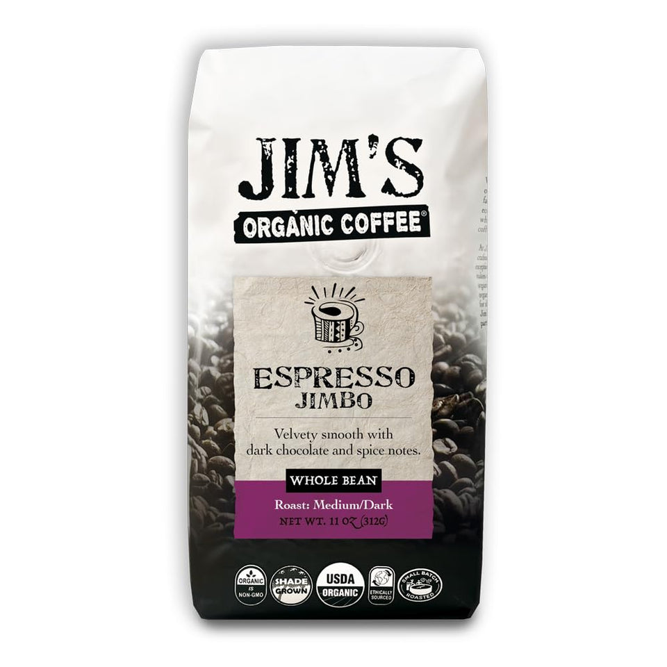 Jim's Organic Coffee Espresso Jimbo bag on shelf highlights organic sourcing