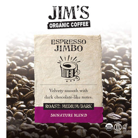 Close-up of Jim's Organic Coffee Espresso Jimbo beans showing rich roast