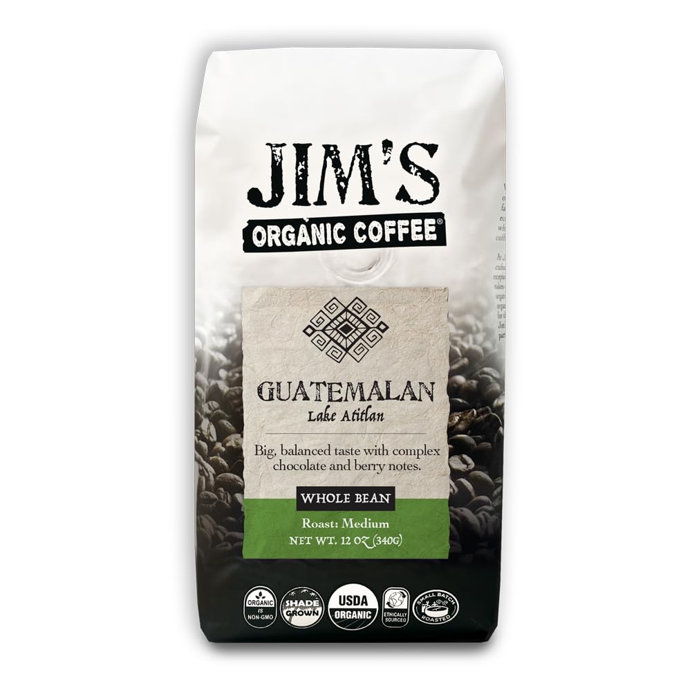 Jim's Organic Coffee Guatemalan Lake Atitlan bag front label highlights single-origin flavor potential.