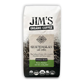 Jim's Organic Coffee Guatemalan Lake Atitlan bag front label highlights single-origin flavor potential.