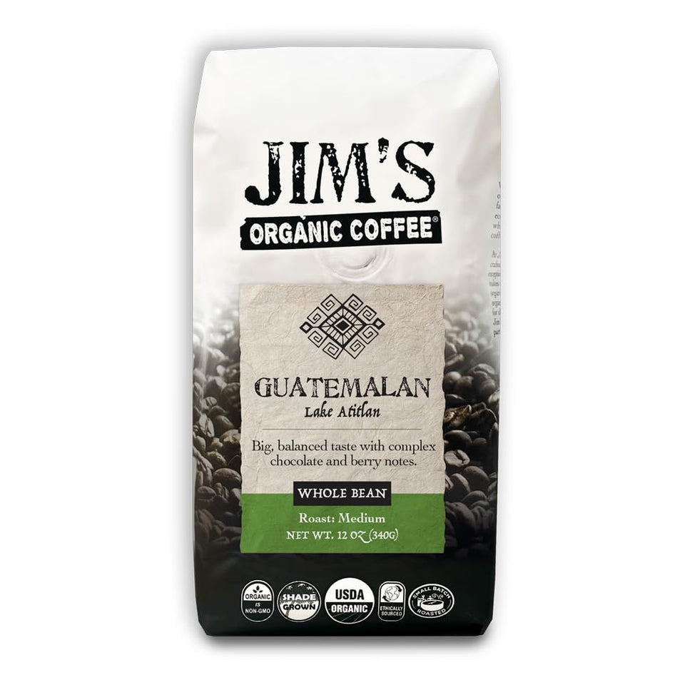 Jim's Organic Coffee Guatemalan Lake Atitlan bag front label highlights single-origin flavor potential.