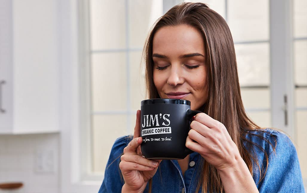 Jim's Organic Coffee hazelnut beans closeup highlighting premium Arabica balance