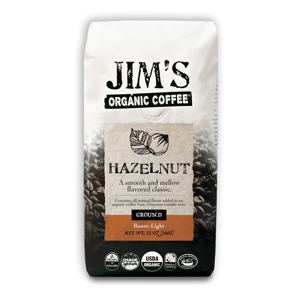 Jim's Organic Coffee hazelnut ground bag for drip brewing and aroma