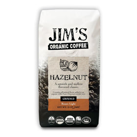 Jim's Organic Coffee hazelnut ground bag for drip brewing and aroma