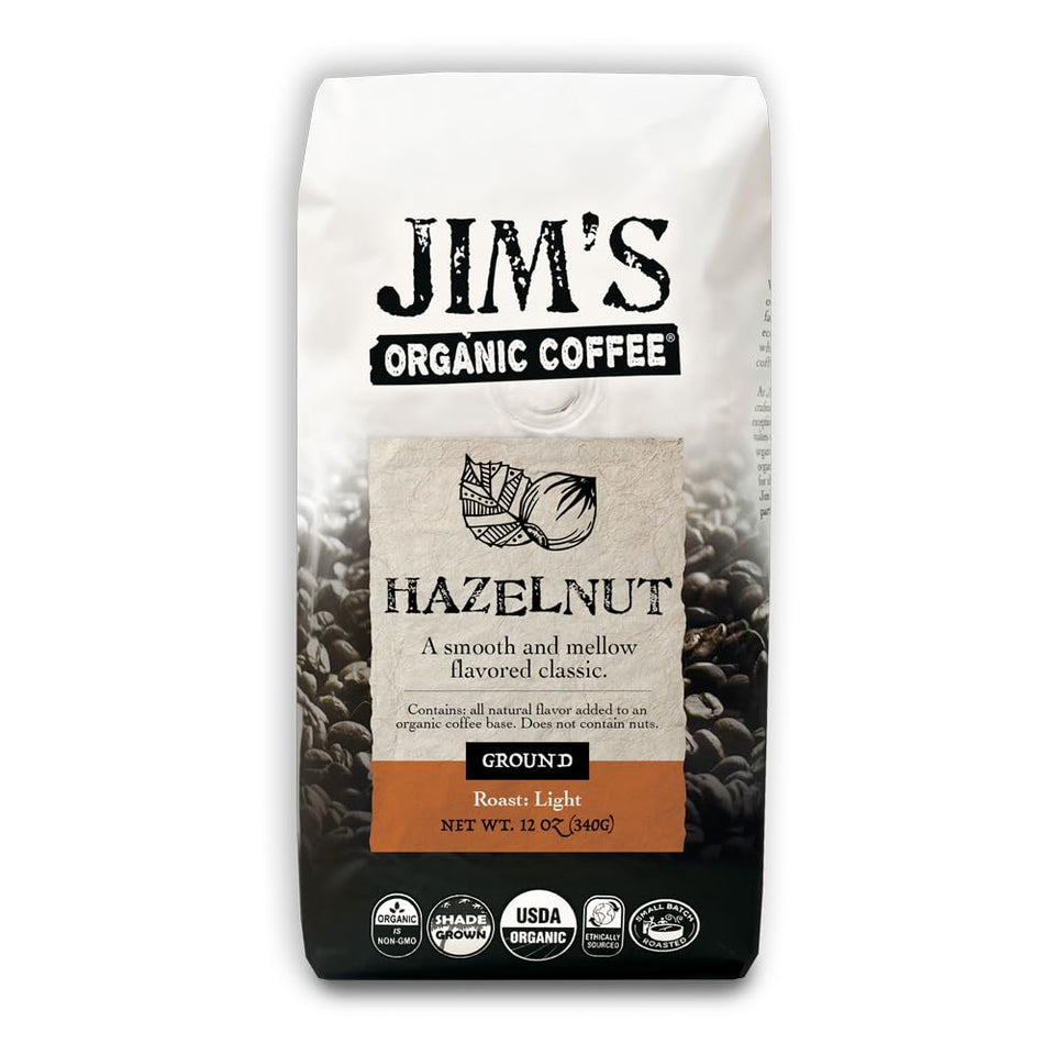 Jim's Organic Coffee hazelnut ground bag for drip brewing and aroma