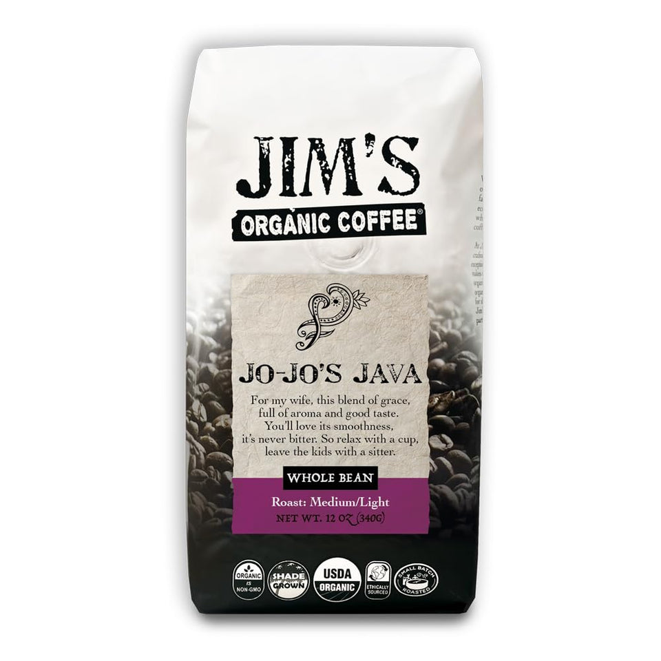 Jim's Organic Coffee Jo-Jo's Java Blend bag front, showcasing organic and kosher credentials.