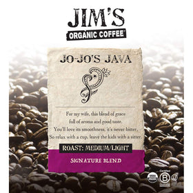 Jim's Organic Coffee Jo-Jo's Java Blend whole beans ideal for custom grind.