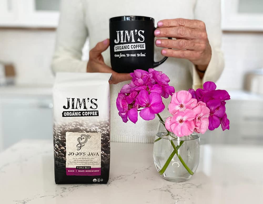 Jim's Organic Coffee Jo-Jo's Java Blend brew pour illustrating a smooth aroma