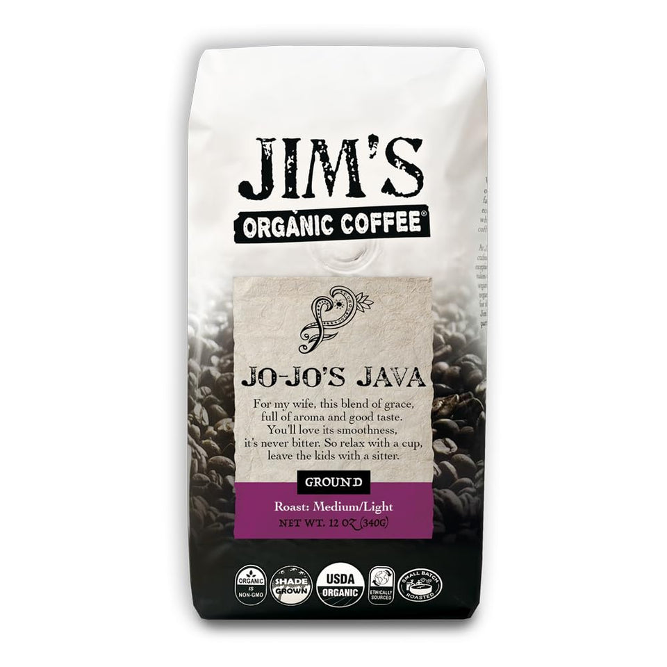 Jim's Organic Coffee Jo-Jo's Java Blend ground bag showing organic beans for daily use