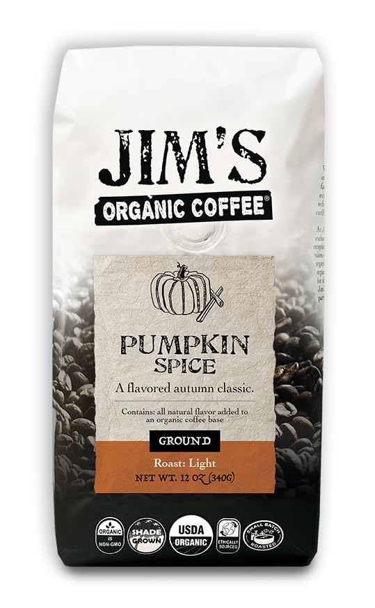 Jims Organic Coffee Pumpkin Spice packaging ready for roaster-fresh enjoyment