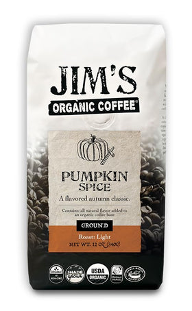 Jims Organic Coffee Pumpkin Spice packaging ready for roaster-fresh enjoyment