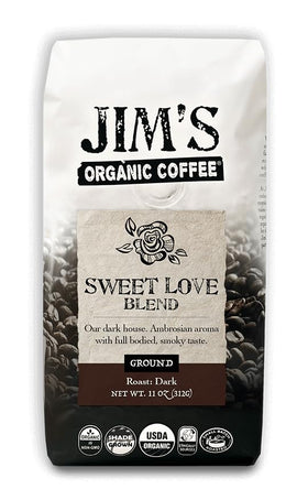 Jim's Organic Coffee Sweet Love Blend ground bag label view with rich chocolate notes