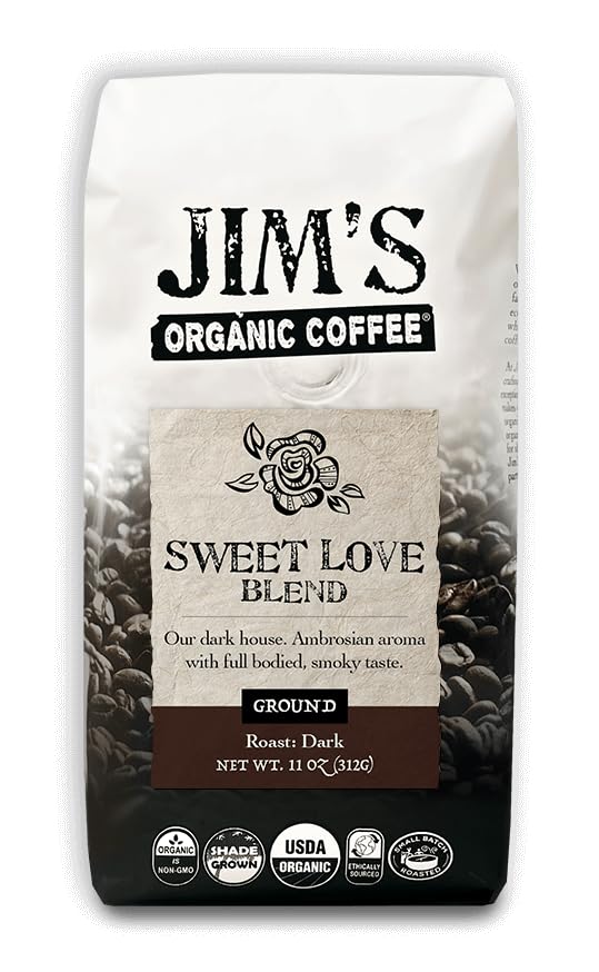 Jim's Organic Coffee Sweet Love Blend ground bag label view with rich chocolate notes