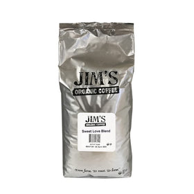 Jim's Organic Coffee Sweet Love Blend packaging showcases premium dark roast packaging.
