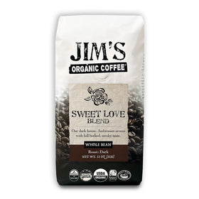 Jim's Organic Sweet Love Blend whole-bean bag ready for fresh grind and brew