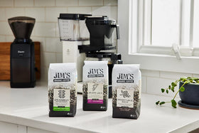 Jim's Organic Sweet Love Blend whole bean ready for grinding and brewing