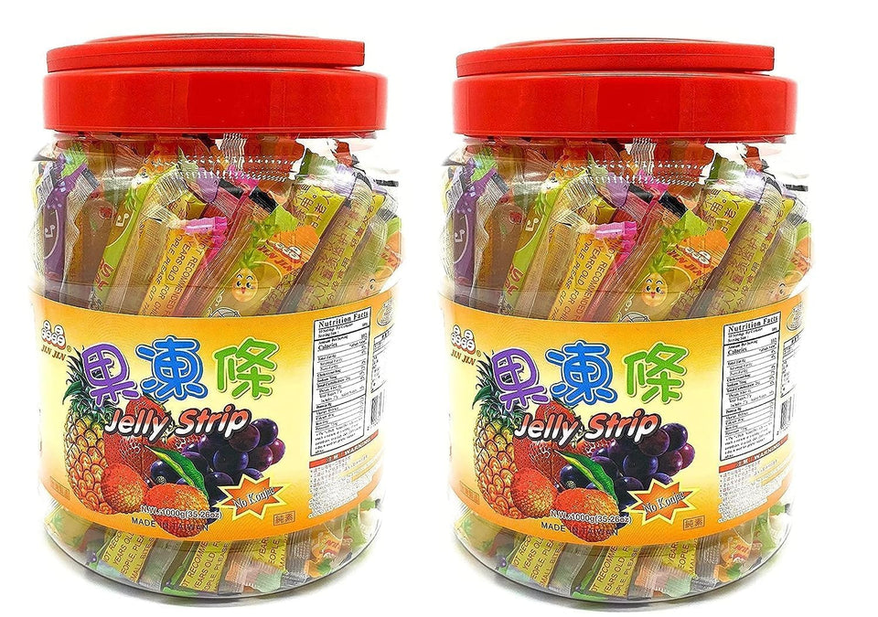 Jin Jin fruit jelly-filled strip straws with assorted flavors for shareable snacking.
