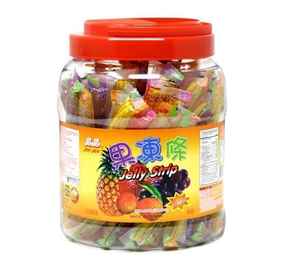 Jin Jin fruit jelly-filled strip straws close-up reveals chewy center and bright colors.