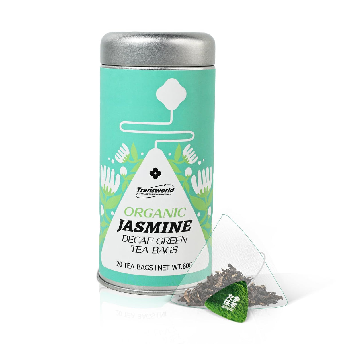 Jiuyu decaf jasmine tea bags pack shot; premium caffeine-free jasmine green tea.