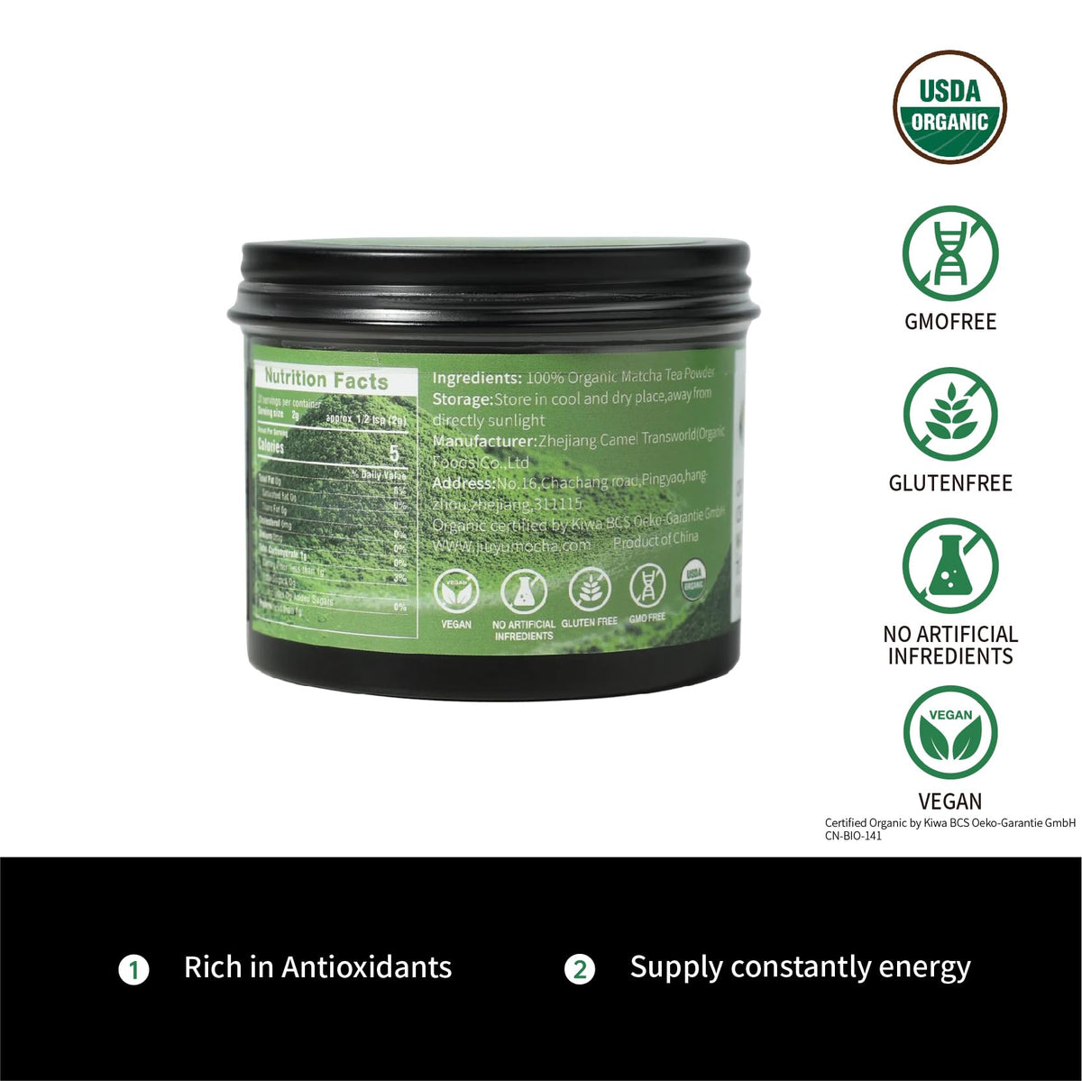 Ground Jiuyu matcha powder in a bowl shows vibrant green color.