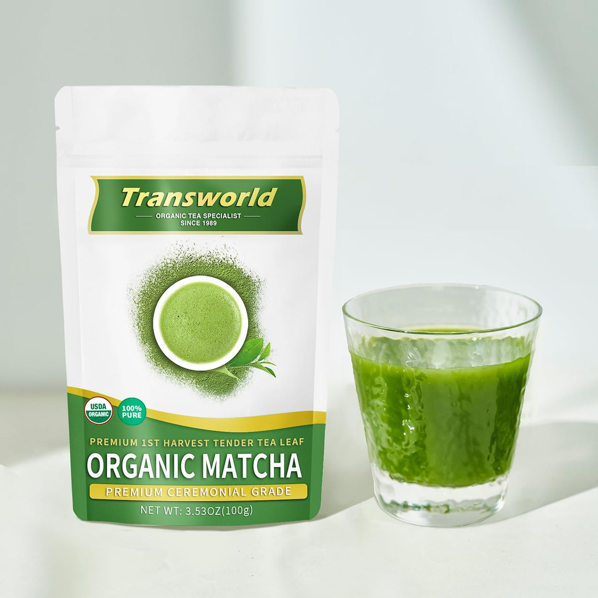 Jiuyu organic matcha powder close-up showing vibrant emerald color ideal for whisking