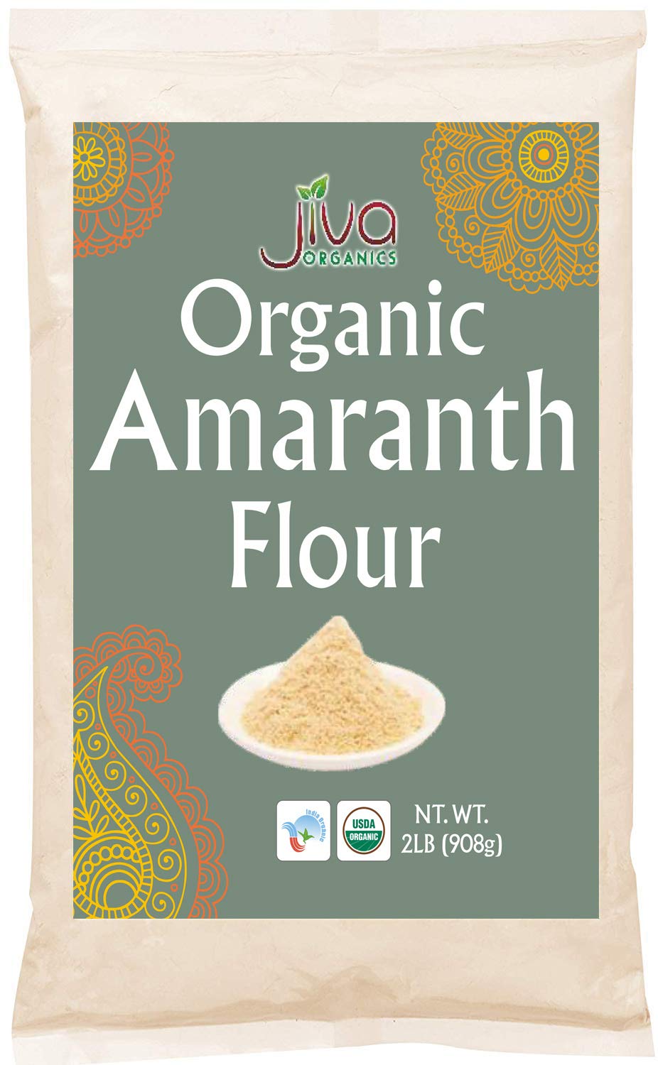 Jiva Organics amaranth flour bulk bag front label showing 100% organic and non-GMO status