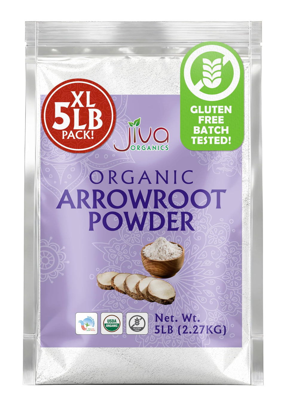 Jiva Organics Arrowroot Flour bag on kitchen counter, gluten-free thickener for sauces and gravies.