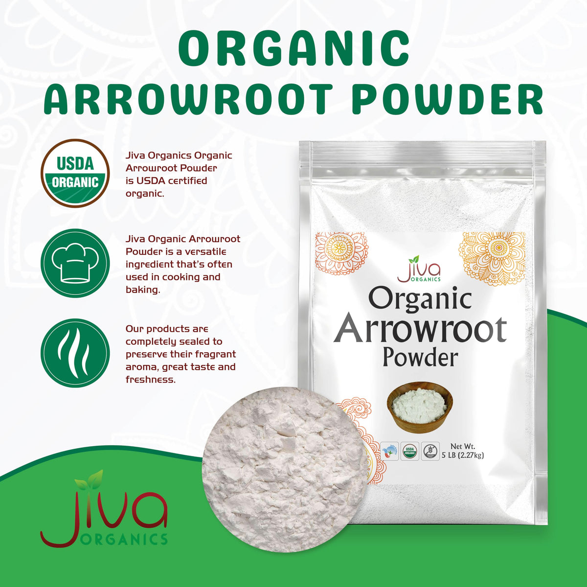 Measuring cup with Jiva Organics Arrowroot Flour, a versatile thickener for gluten-free dishes.