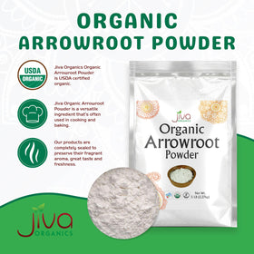Measuring cup with Jiva Organics Arrowroot Flour, a versatile thickener for gluten-free dishes.