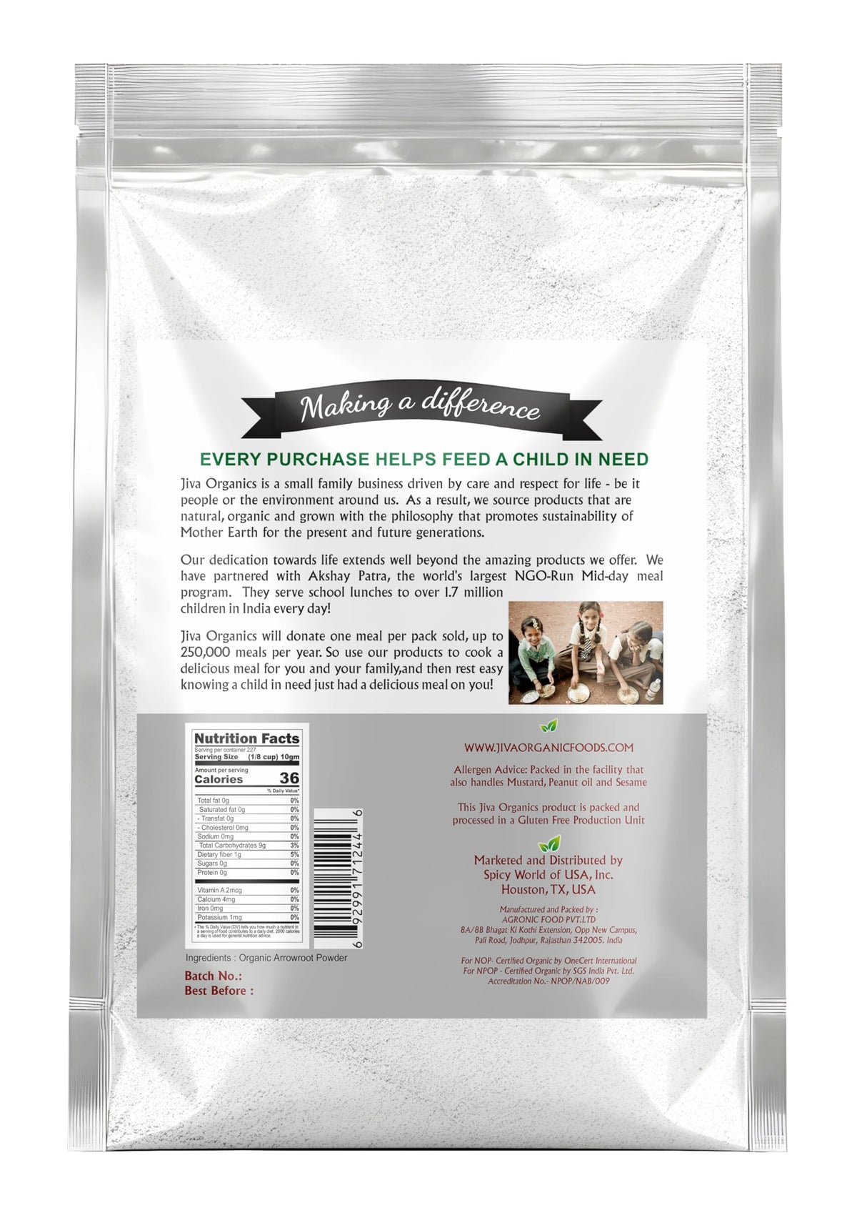 Close-up of Jiva Organics Arrowroot powder, a silky, neutral-tasting starch ideal for gluten-free baking.