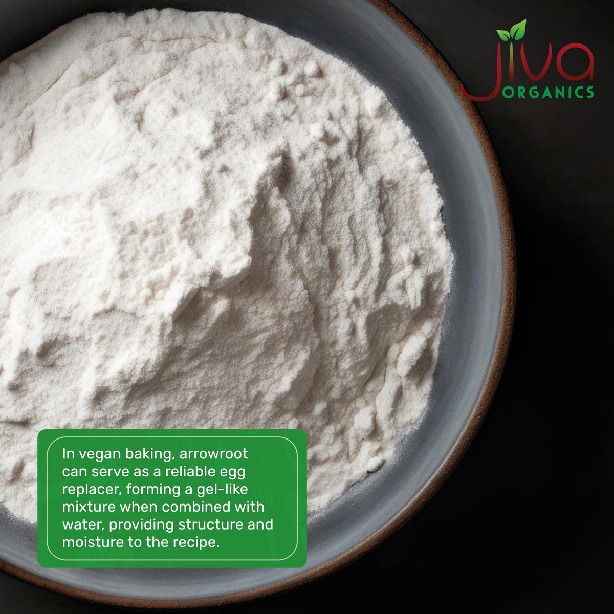 Jiva Organics Arrowroot powder package highlighting non-GMO and organic quality.