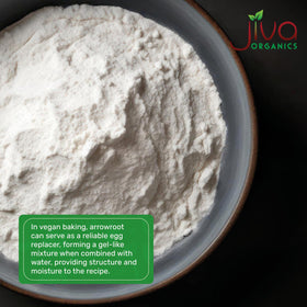 Jiva Organics Arrowroot powder package highlighting non-GMO and organic quality.