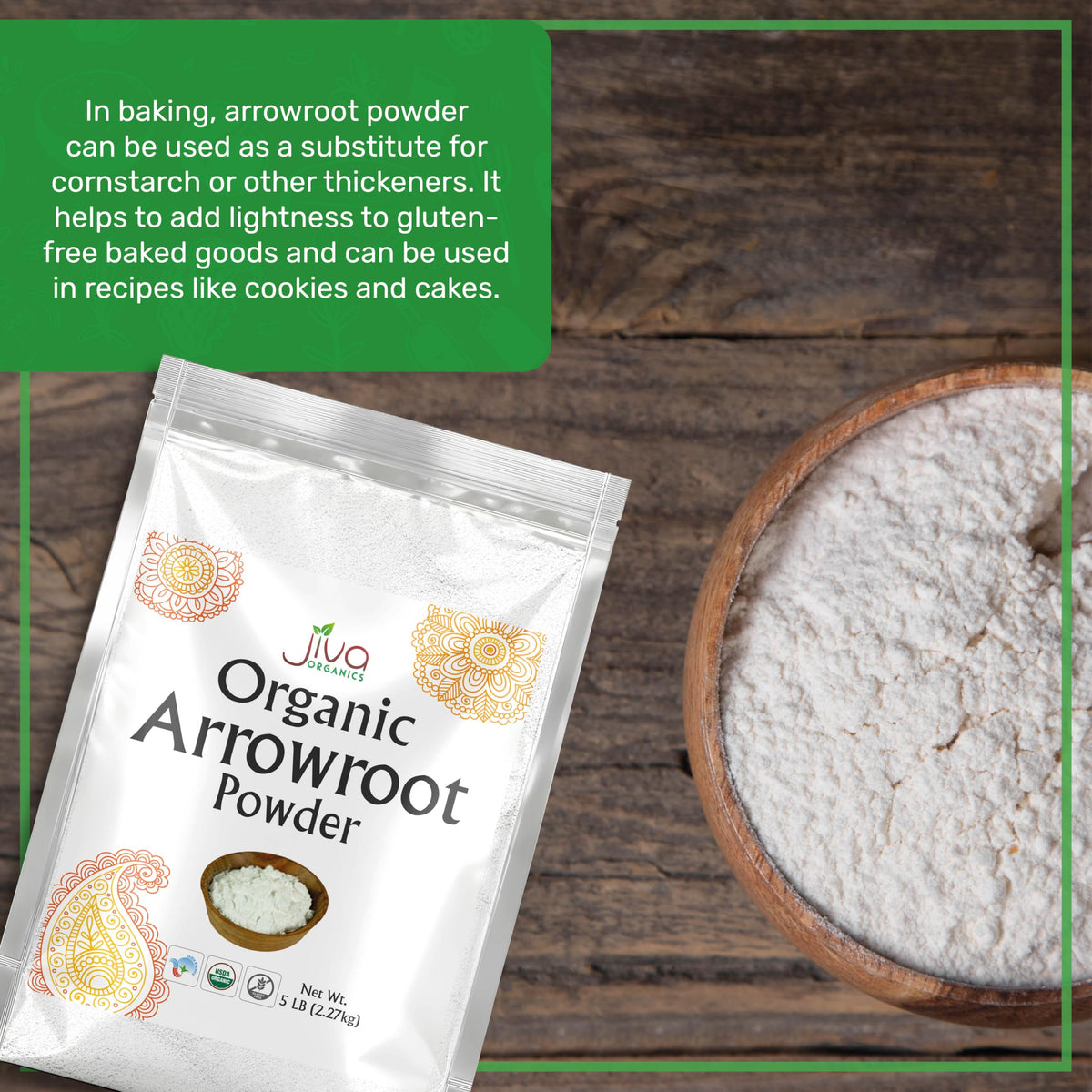 Sifting Jiva Organics Arrowroot powder in a bowl for gluten-free textures.