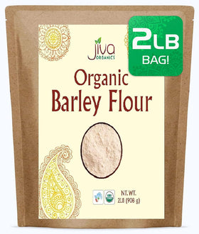 Jiva Organics barley flour 2 lb pack on counter, ideal for baking.