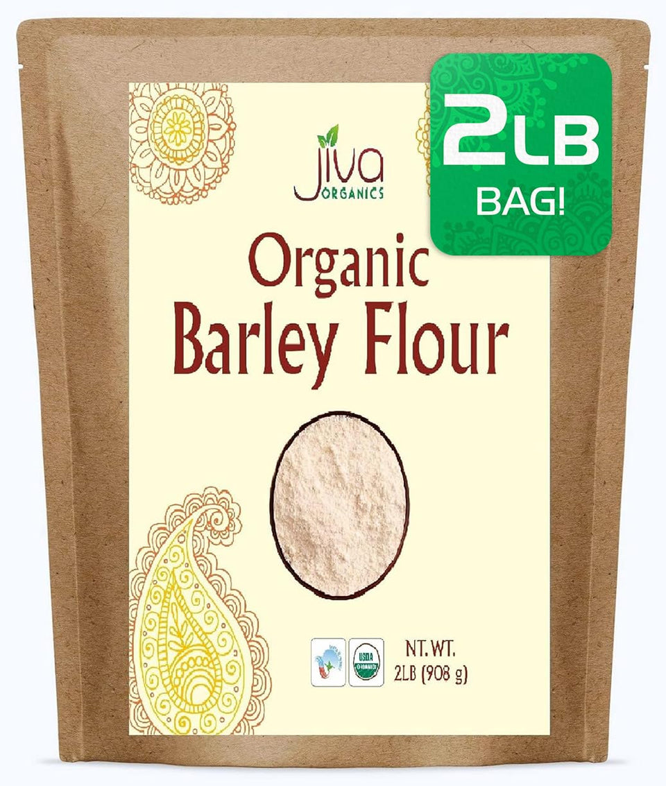 Jiva Organics barley flour 2 lb pack on counter, ideal for baking.